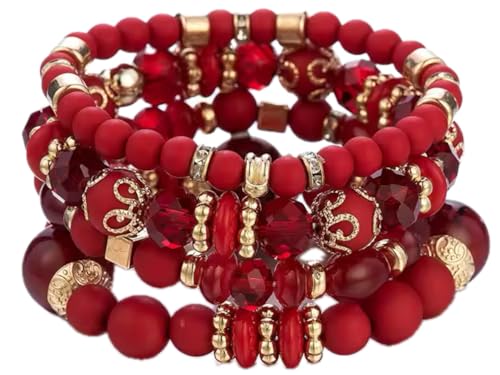Women Beaded Bracelet Set | Colorful Boho Stackable Trendy Design with Crystal Accents Multilayer Bangle Bracelet | Fashion Stretch Braclets Jewelry for Women - color: Dark Red