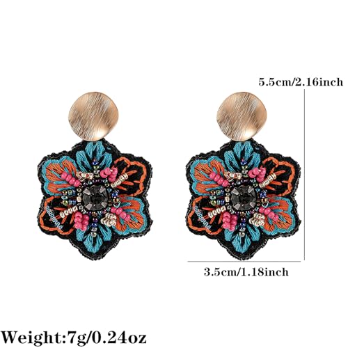 Boho Floral Embroidered Earrings with Colorful Bead Accents and Crystal Center for Women - color: Blue