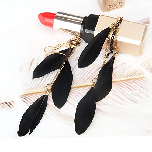coadipress Boho Piercing Tassel Feather Long Chain Earrings Retro Lightweight Native Feather Dangle Drop Earrings for Women Bohemian Handmade Natural Feathers Earring Jewelry - color: Black