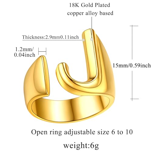 FindChic Customizable Initial Ring Statement 18K Gold Plated Fashion Cuff Rings for Women Alphabet Letter A to Z Resizable Knuckle Ring (with Gift Box) - color: J