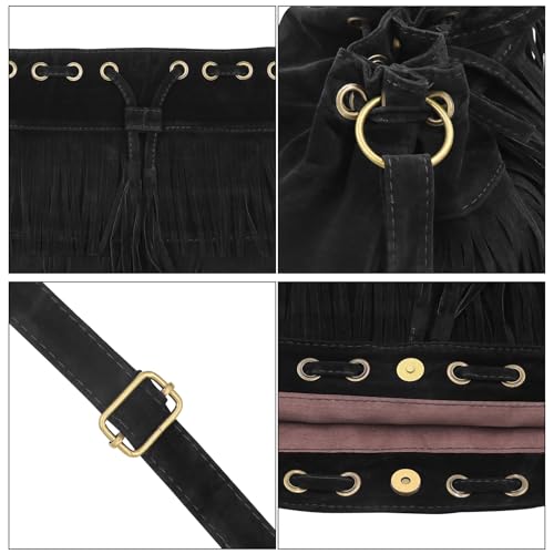 Fringe Hobo Purse Bags for Women Crossbody Purses with Drawstring Ladies Tassel Tote Shoulder Bucket Handbags,Black - color: Black(barrel Shape)
