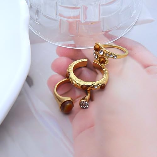 3Pcs Tiger Eye Stone Rings Set,Vintage Tiger Eye Stone Knuckle Rings,Sparkling Rhinestone Adjustable Rings Brown Jewelry