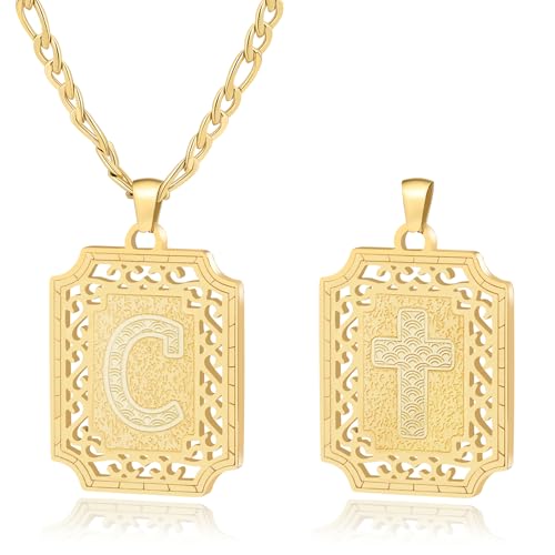 LETFLY Initial Necklaces for Women Men, 18K Gold Plated Letter Cross Pendant Necklace Alphabets A-Z Figaro Chain Jewelry Gifts - color: Square, style: Letter C