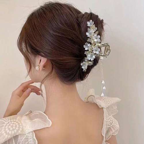Jasmine Flower Claw Clips for Women Metal Non-Slip Claw Clip With Rhinestones Pearl Tassel Design Floral Hair Clips Cute Claw Clips for Thick Hair Claw Clips Flower for Women