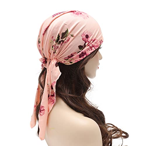 ZLYC Chemo Headwear Pre Tied Head Scarf Headwraps Lightweight Turban Beanie Cap for Women - color: Floral Light Pink