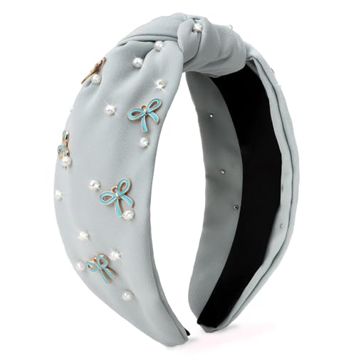 Blue Headband Bow Pearl Knotted Headbands for Women Girls Cute Fashion Wide Headbands for Women Non Slip Hairbands Head Bands for Women's Hair Bow Hair Accessories - color: Blue-01