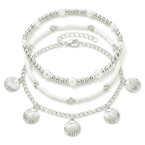 Boho Beads Beach Layered Anklet Set for Women, Handmade Gold Starfish Pearl Shell Anklets Summer Ocean Accessories Jewelry Gift - color: SShell