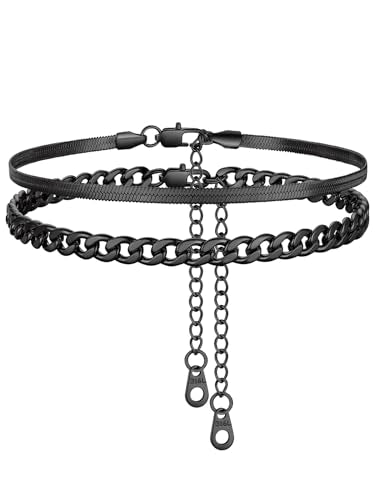 FindChic Black/Silver/Gold Plated Anklets Set of 2PCS/3PCS Herringbone Chain Cuban Link Heart Charm Sparkling Tennis Ankle Bracelets, Waterproof Summer Foot Jewelry for Beach - color: 03. Black-2PCS Cuban & Herringbone