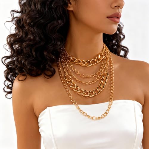 Layered Necklaces for Women Punk Chunky Gold Statement Necklaces Dainty Multi Layer Necklace Jewelry Accessories for Women - color: Gold