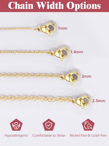 FOCALOOK Womens Chain Necklaces 1mm/1.4mm/2mm Cable Chain Necklace, 316L Stainless Steel Silver/Black/14K Gold/Rose Gold Plated, Hypoallergenic Chains for Pendant,14-30" - color: 1mm 14K Gold Plated, size: 14 Inch