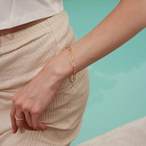 Dremmy Studios Gold Bracelet for Women 18K Gold Plated Dainty Paperclip Cubic Zirconia Disc Coin Star Cable Satellite Bead Pearl Simple Boho Minimalist Stacking Layered Link Jewelry Gift - color: Paperclip A