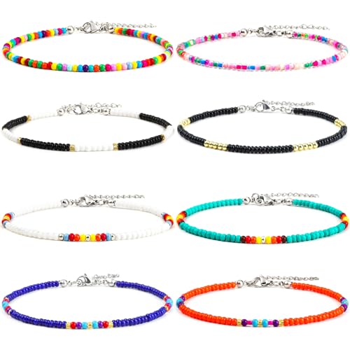 XIJIN 8Pcs Handmade Beaded Anklets for Women Boho Colorful Beads Ankle Bracelets Adjustable Foot Anklet Set - color: Multi color