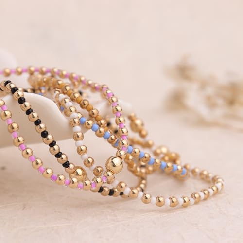 Gold Beaded Stackable Friendship Bracelets Set for Women, Handmade Boho Stretch Summer Jewelry Gift. - color: 0903N