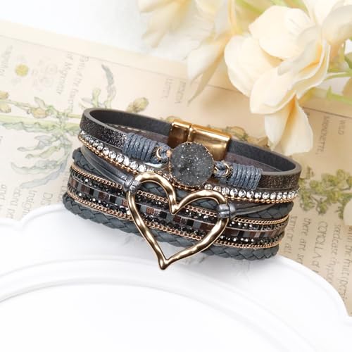 Leather Wrap Bracelet for Women, Boho Cuff Bracelet with Strong Clasp, Multi-Layer Crystal Leather Bracelet for Valentine Mother's Day - color: 01-Heart-Grey