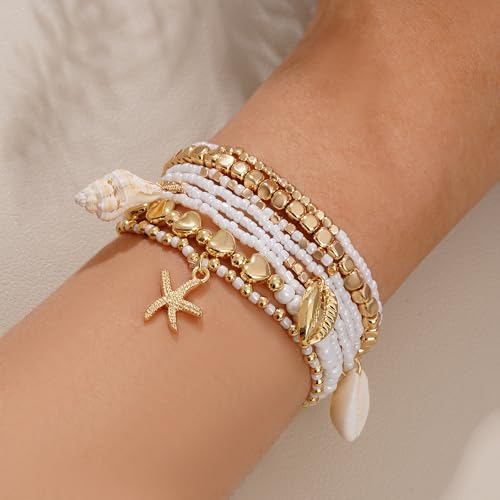 Shell Bracelet Seashell Boho Beaded Stretch Bracelets for Women Summer Beach Bracelets Starfish Charm Bracelet Stackable Gold Plated Bracelets Set for Women - color: c-white
