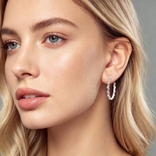 NARMO 925 Sterling Silver Hoop Earrings for Women Hypoallergenic Lightweight Simple Huggie Hoop Earrings Twisted Hoop Earrings Colorful Cubic Zirconia Hoop Earrings Rainbow Hoop Earrings - color: Rainbow