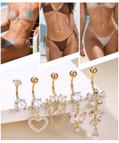 Shakalaka Dangle Belly Button Rings Piercing Jewelry for Women Surgical Stainless Steel Navel Dangly - color: Gold