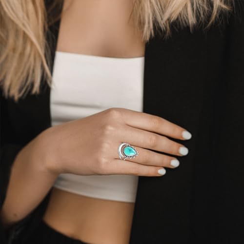 Crescent Moon Turquoise Stone Ring for Women,S925 Sterling Silver Waterdrop Shaped Gemstone Boho Statement Ring Jewelry Gift for Her - color: Ring_A