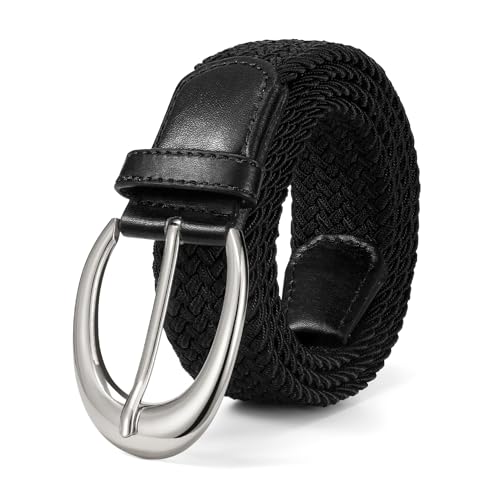 LEACOOLKEY Stretchy Braided Golf Belt for Women Elastic Woven Belts Unisex Elastic Fabric Belt for Jeans Pants - color: Black/Silver Buckle, size: Fit waist size below 27"