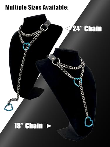 Black Leather Choker Collar For Women, Handmade Heart Slip Chain Choker Long Necklace with Adjustable Buckle - color: B-Black-Black-Blue, size: 18''chain