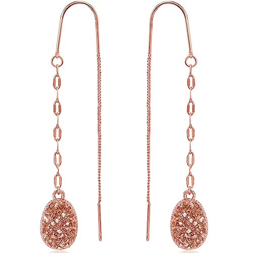 Simulated Druzy Threader Earrings for Women - Gold, Silver, or Rose Gold Tone Long Chain Earrings with Boho Created Geode Stone - color: Rose Gold - Rose Gold Stone