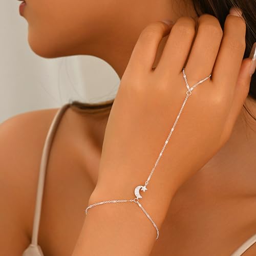 925 Sterling Silver Hand Chain Bracelet for Women,Non Tarnish 14k Gold Plated CZ Crystal Heart Starburst Ring Bracelets Hand Chain Dainty Diamond Layered Stackable Link Chain Beach Waterproof Graduation Wedding Gifts - color: SilverE
