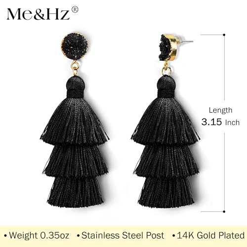 Me&Hz Colorful Layered Tassel Earrings Bohemian Statement Tiered Tassel Big Dangle Drop Earrings for Women Druzy Studs Valentine’s Day Gift - color: Black