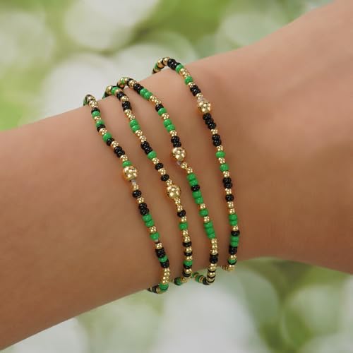 Boho 4Pcs Stack Colorful Small Seed Beaded Bracelets Set for Women, Cute Handmade Dainty Trendy Gold Plated Stretch Accessories Thin Glass Jewelry, Summer Daily Party Friendship Gift - color: Green
