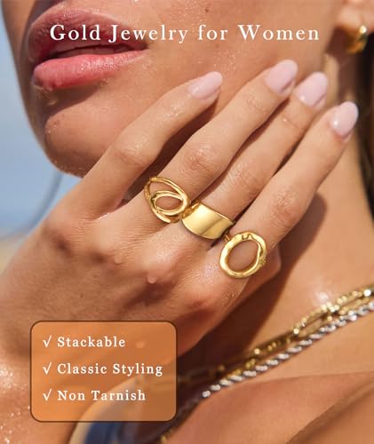 ZOERAY Chunky Gold Rings for Women Non Tarnish Trendy 14k Gold Plated Adjustable Signet Band Stackable Thumb Ring Set Open Twist Dome Statement Stacking Rings Jewelry Gifts for Women Size 5-10 - color: A.Interlock Statement Rings