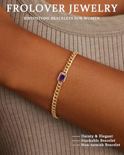 Birthstone Gold Bracelets for Women Non Tarnish Trendy 14k Gold Plated Bracelet Dainty Charm Emerald Bracelets Stack Cuban Link Friendship Bracelets Jewelry Gifts for Birthday/Valentine's Day - color: 02. February(Amethyst)