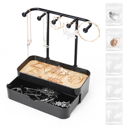 Jewelry Organizer Stand, 2-Tier Necklaces Holder with Wooden Tray and 5 Storage Hooks, Earring Holder with 5 Pcs Jewelry Bags for Bracelet,Chains,Rings,Earrings,Keys Watches (Black) - color: Upgraded Black