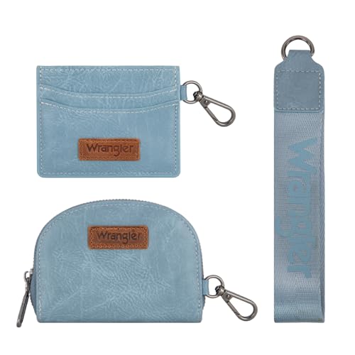 Wrangler KeyChain Wallet Wristlet Wallets for Women Dual Pouch Wristlet with Zipper Womens Credit Card Holder Wallet - color: A-Jean