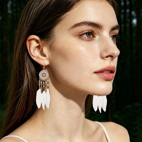 Boho Turquoise Drop Earrings Retro Long Copper Feather Tasse Metal Leaf Dangle Earrings Vintage Country Western Jewelry Cowgirl Ethnic Style Geometric Concert Festival Accessories for Women - color: Beige