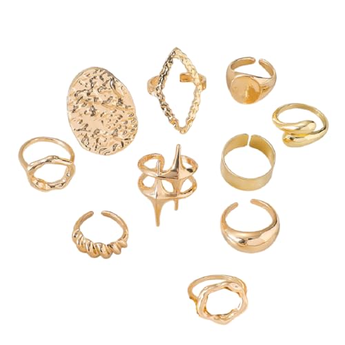 10 Pcs Chunky Gold Rings for Women Open Adjustable Star Geometry Ring Stacking Knuckles Rings Set Boho Prom Costume Fashion Jewelry - color: Gold