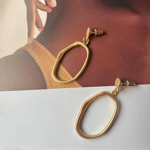 Stud Earrings for Women 14k Gold Plated Geometric Dangle Earrings Lightweight Minimalist Handmade Hammered Texture Oval Disc Drop Double-layer Big Hoop Dangle Earrings for Women - color: Hoop Dangle
