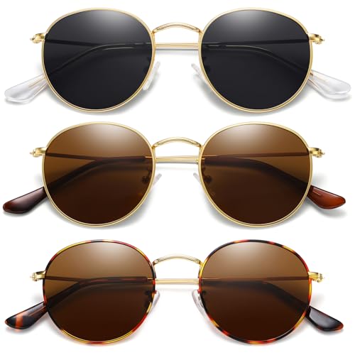 MEETSUN Round Polarized Sunglasses for Women Men Classic Retro Metal Frame Sun Glasses UV Protection - color: (3 Pack) Gold/Grey + Gold/Brown + Leopard/Brown