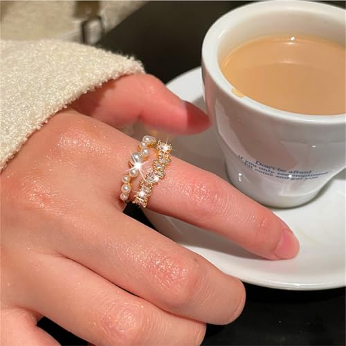 Vintage Crystal Pearl Ring Adjustable Shiny Rhinestone Wrapped Ring Layered Cocktail Knuckle Finge Rings Irregular Pearl Open Band Rings Jewelry Gifts - color: Gold