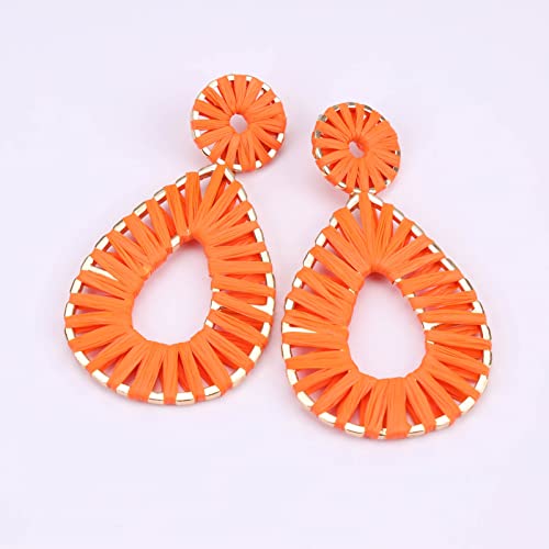 Raffia Teardrop Dangle Earrings Handmad Statement Drop Earrings - color: Orange