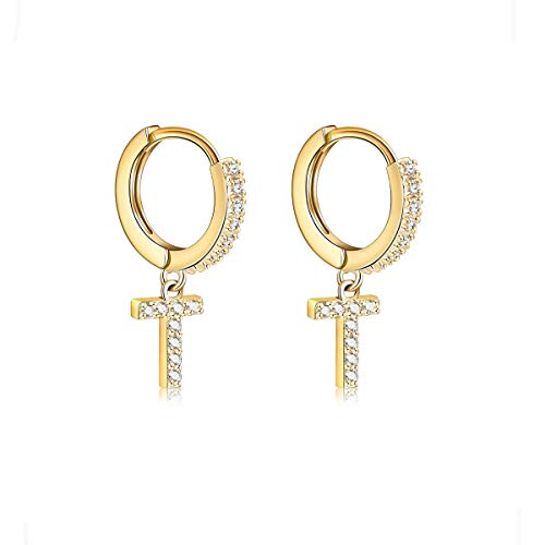 14K Gold Plated Cubic Zirconia Initial Earrings Delicate Small Hoop Earrings Hypoallergenic Letter Earrings for Women - style: T