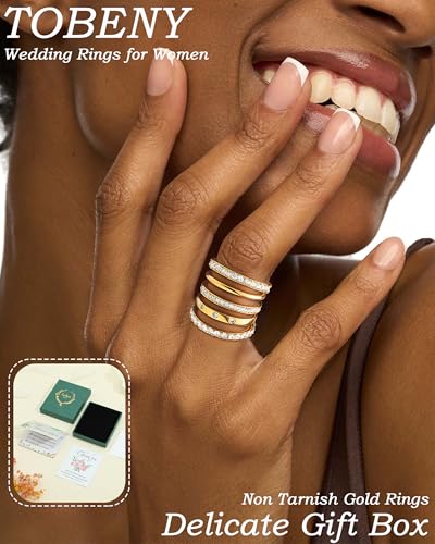 TOBENY Stackable Gold Rings for Women Non Tarnish Dainty 14K Gold Plated Stacking Cubic Zirconia Thumb Ring Set Trendy Statement Promise Wedding Bands Engagement Rings for Women Size 6 7 8 9 10 - color: 03-5Pcs Stacking Rings