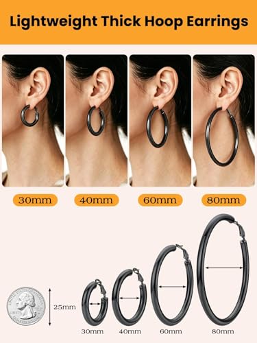 Bestyle 5mm Thick Gold Hoop Earrings Hypoallergenic Hoops for Sensitive Ears Trendy Lightweight Chunky Earrings for Women 30/40/60/80mm - color: 01-Black, size: 80mm