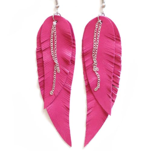 Black shiny Leather Feather Earrings for Women, Lightweight Minimal Boho Dangle Earrings, Small Simple Everyday Jewelry - color: Pink fuchsia