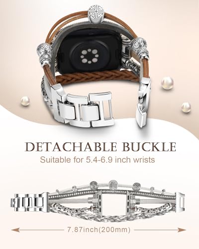 Compatible with Apple Watch Band 45mm Women, Boho Bracelet for 44mm 46mm 49mm Apple Watch, Multilayer Leather Wrap Braided Strap for iWatch Series 11/10/9/8/7/6/5/4/3/2/1/SE Ultra 3 Gray - color: A-Silver Gray, size: 49/46/45/44/42mm(series 3/2/1)