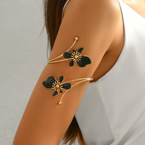 Flower Arm Cuff Bracelets for Women Adjustable Gold Upper ArmBand Jewelry Boho Floral Open Wrap Statement Bangle Bracelet Arm Cuff Jewelry Gifts for Women - color: Black