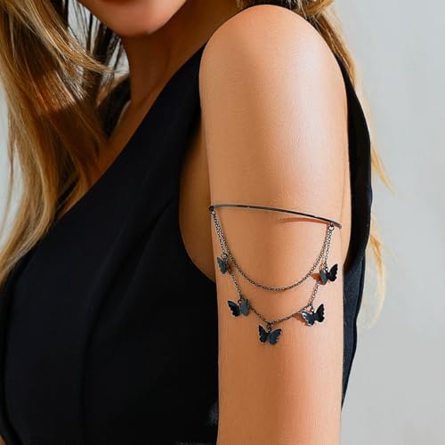Dainty Black Upper Arm Cuff Bracelet for Women, Gothic Halloween Sexy Lace Harness Armlet Adjustable Upper Arm Chain Bangle Arm Band for Women - color: Butterfly