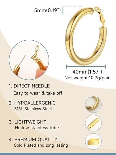 Stainless Steel Chunky Hoop Earrings For Women, Minimalist and Chic, Black/Gold Plated, Round Hoops Earrings Hypoallergenic, Size: 30mm/40mm/60mm/80mm, Come with Box - color: 1. Gold, size: 40MM