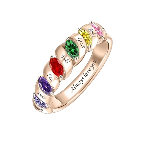 MissNaNa Mothers Ring With 1/2/3/4/5/6 Birthstones Personalized Engraved Name Rings for Women Stacking Birthstone Ring for Mom Grandma Daughter Wife Birthday Christmas Gift - color: 6 Birthstones