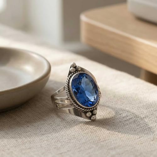 Handmade 925 Sterling Silver Plated Ring Natural Gemstone Carnelian, Rose Quartz, Tiger Eye, Crystal Oval Boho Jewelry For Women - color: Blue Sapphire Simulated