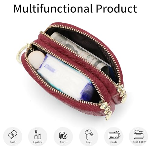 SENDEFN Women's Coin Purse Genuine Leather Wallet Small 2 Zippers Change Pouch Purse with Keychain Ring - color: 2-Red