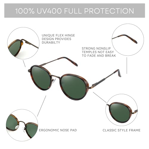 ZENOTTIC Retro Round Polarized Steampunk Sunglasses for Men Women-Circle Vintage Design Metal Frame UV400 Shades - color: C02 Tortoise Frame Green Lens